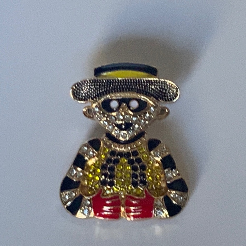 Vintage Gold Tone Hamburglar Crystal Enamel Brooch Pin Retro McDonalds Bling